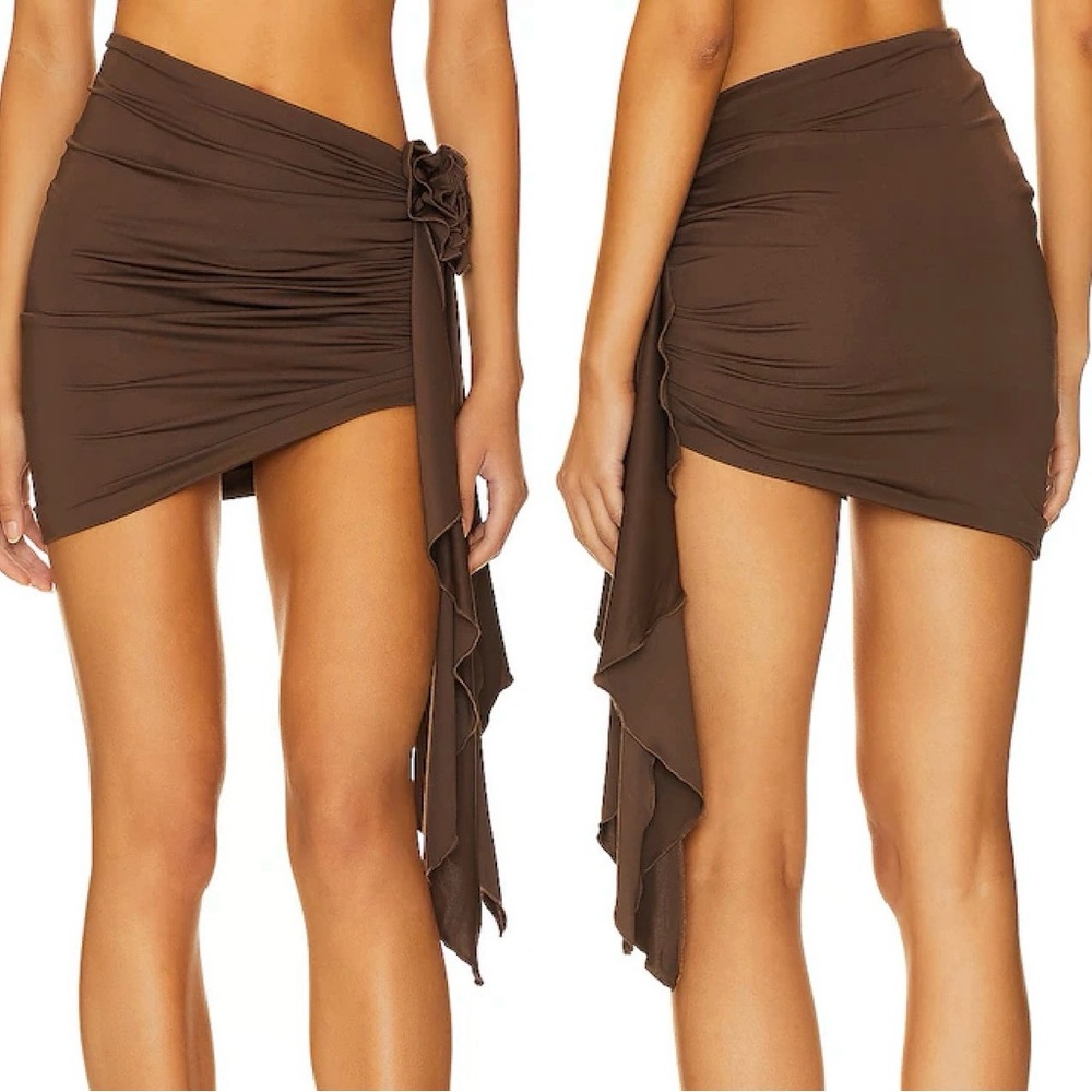 Lovers + Friends Cordelia Ruched Asymmetrical Mini Skirt Brown Size M NWT